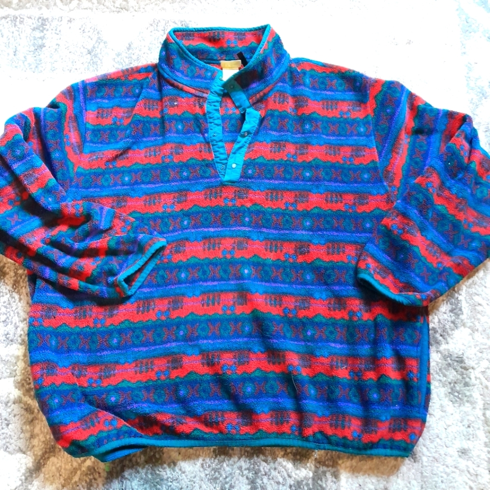Vintage LL Bean Fleece Sweater Jacket Aztec Navajo Pattern Mens Large quarter bu
